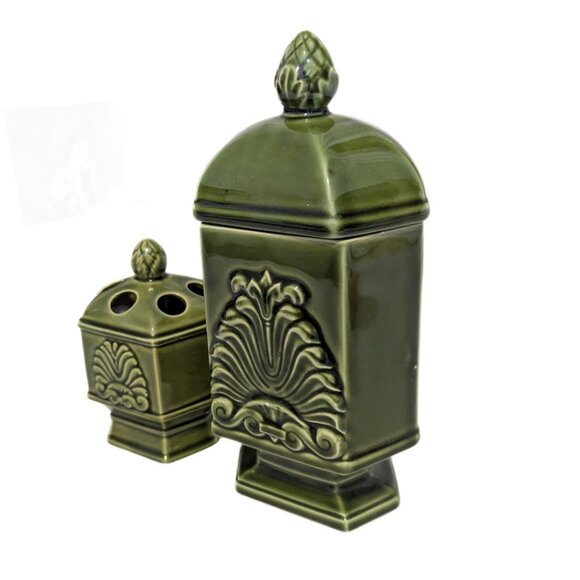 Vintage Green Japan Canister Counter Set of 2 Filigree Design Retro MCM - Picture 3 of 16